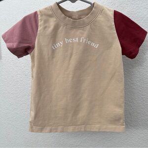 Kids 'Tiny Best Friend' Colorblock Tee - Beige with Pink & Burgundy Sleeves